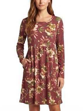 Watermelon Boutique  Floral Thermal Knit Long Sleeve Empire Waist Dress M Red